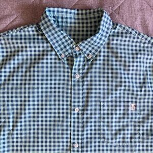 Huk Short Sleeve Button Up Shirt Mens XL Blue Green Gingham Check Breathable
